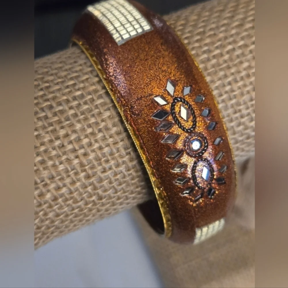 Chic Coppertone and Silver Etched Bangle Bracelet  Vintage